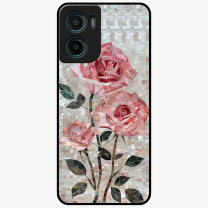 Blush Mosaic Bloom Glass Case showing flat back view with mosaic floral bloom artwork and glossy glass finish.