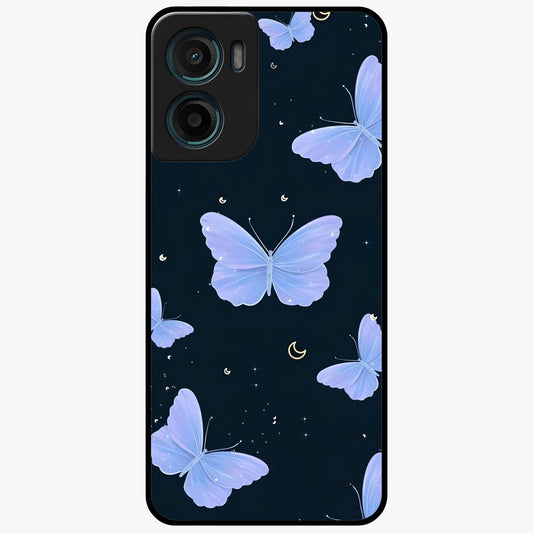 Butterfly With Stars Pattern Glass Case showing flat back view with butterfly and star pattern artwork and glossy glass finish.