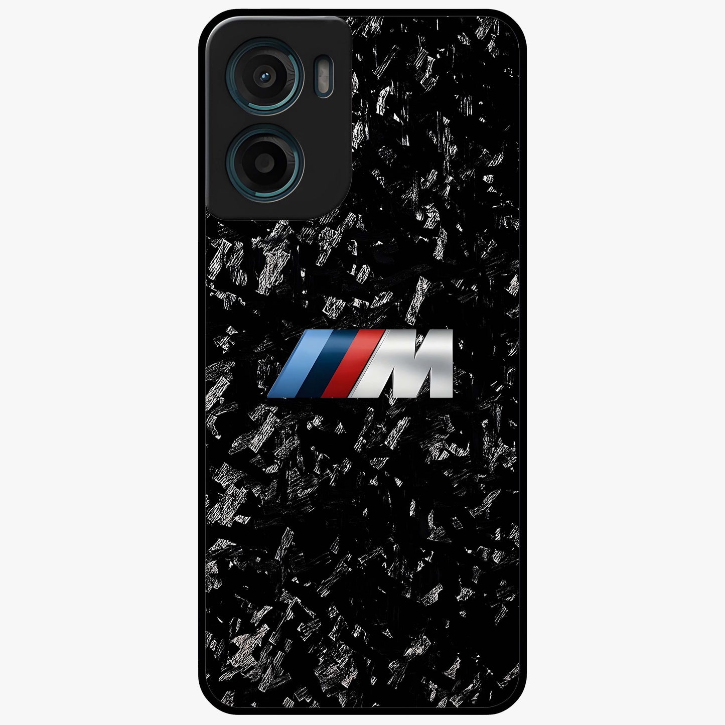 Carbon Speed Mark Glass Case showing flat back view with sporty carbon pattern artwork and glossy glass finish.