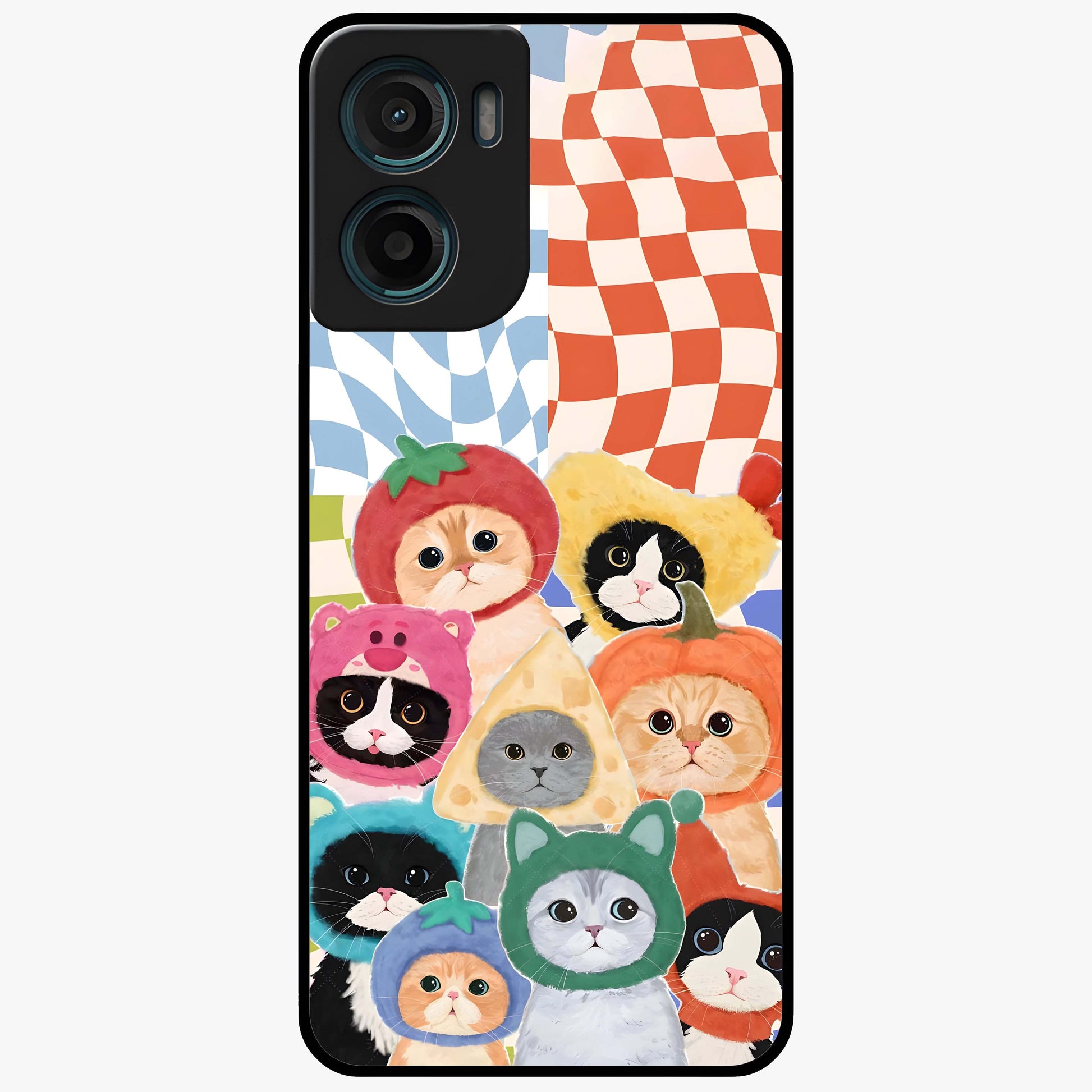 Cats in Fruits Glass Case showing flat back view with playful cat illustrations inside fruit artwork and glossy glass finish.