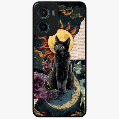 Celestial Black Cat Glass Case showing flat back view with mystical black cat artwork and glossy glass finish.