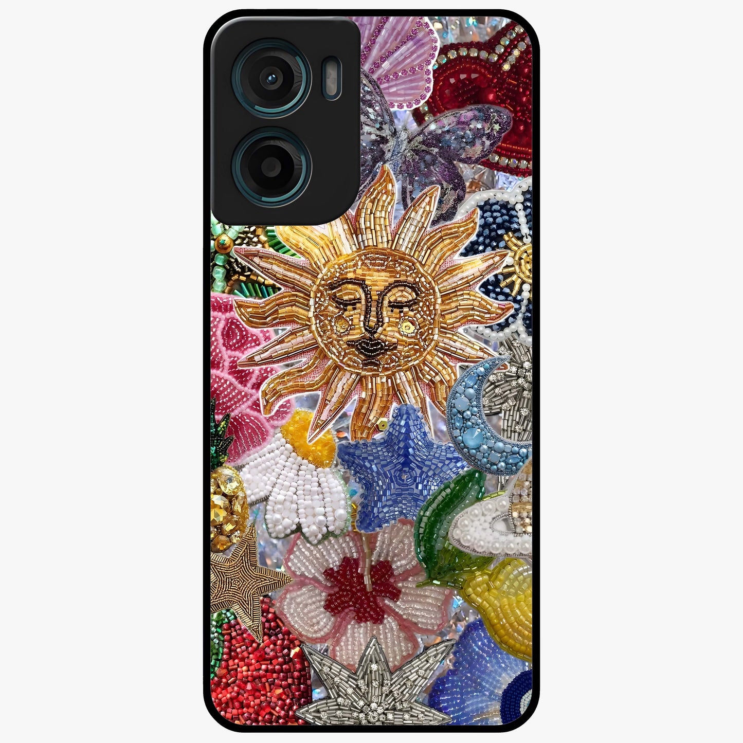 Celestial Floral and Playful Glass Case showing flat back view with floral and celestial themed artwork and glossy glass finish.