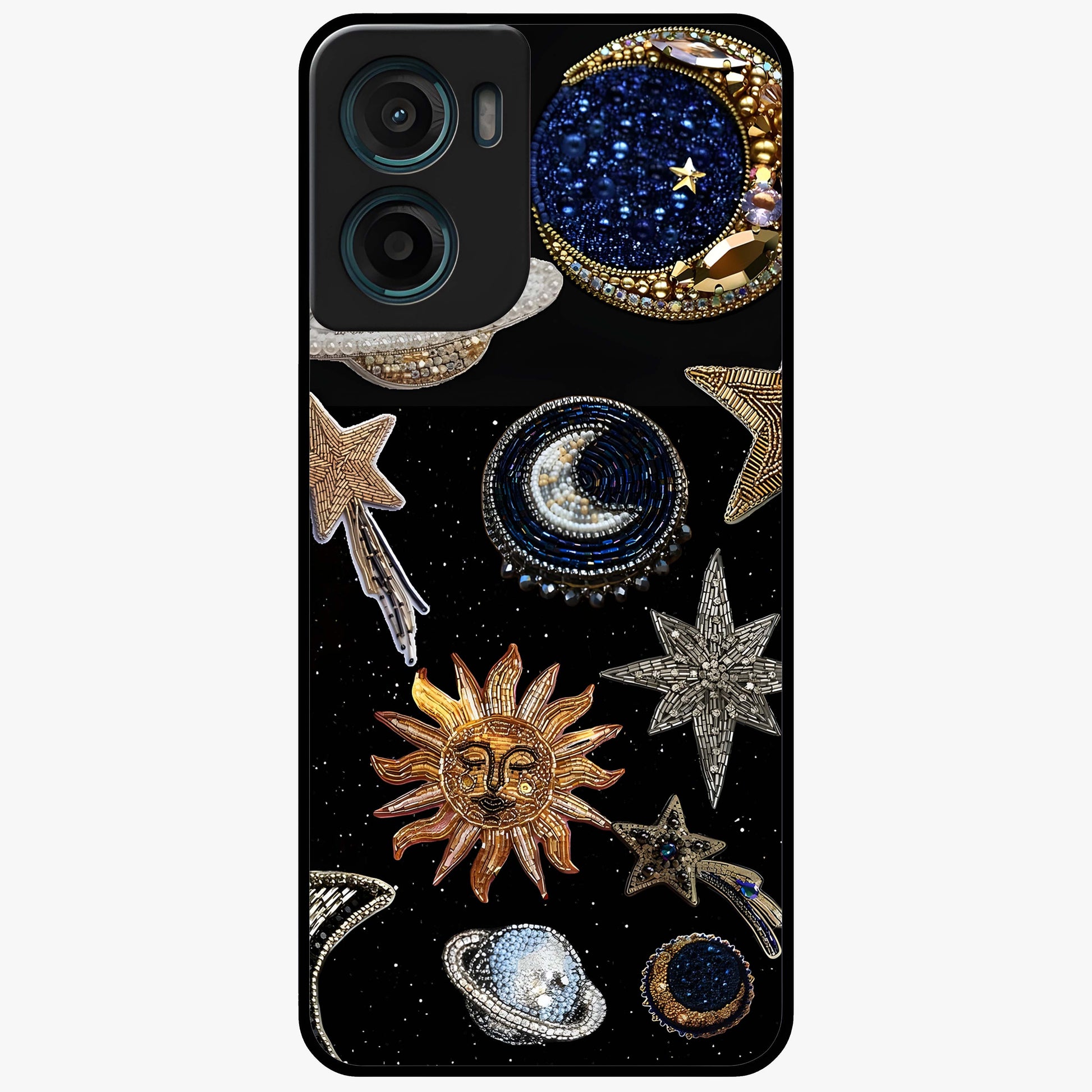 Celestial Gem Constellations Glass Case showing flat back view with sparkling constellation artwork and glossy glass finish.
