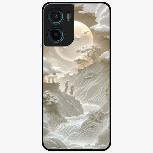 Celestial Origami Glass Case showing flat back view with artistic origami inspired celestial artwork and glossy glass finish.