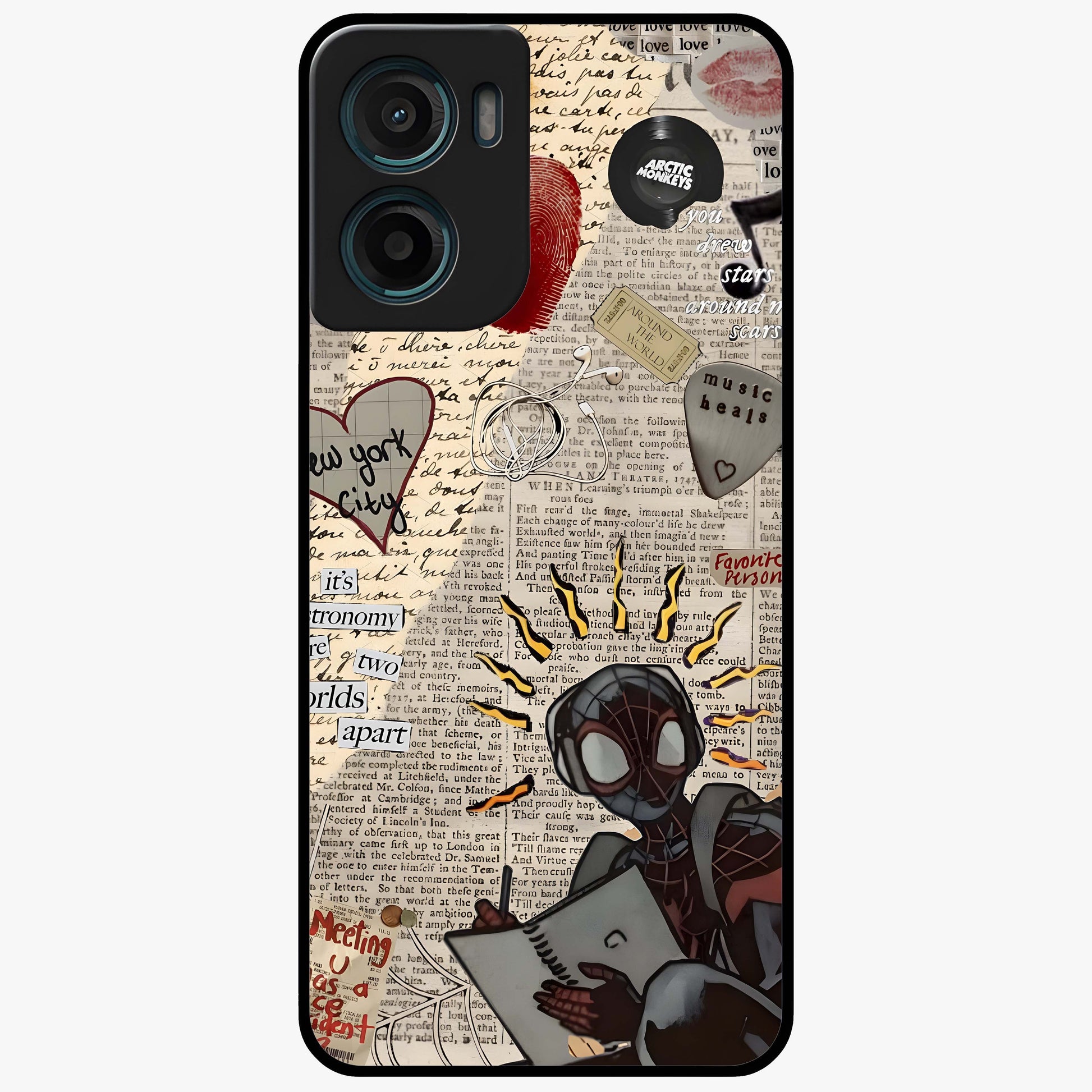 City Dream Sketch Glass Case showing flat back view with artistic city skyline sketch artwork and glossy glass finish.