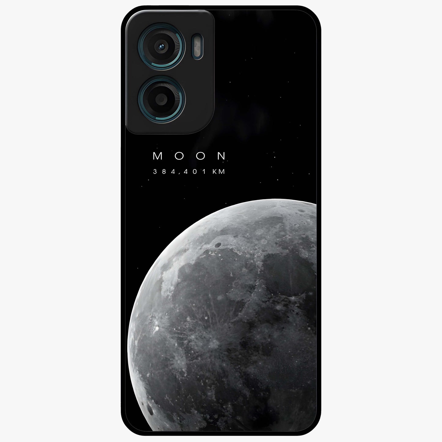 Cosmic Moon Glow Glass Case showing flat back view with glowing moon artwork and glossy glass finish.