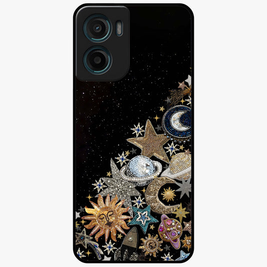 Cosmic Sparkle Dreams Glass Case showing flat back view with sparkling cosmic artwork and glossy glass finish.