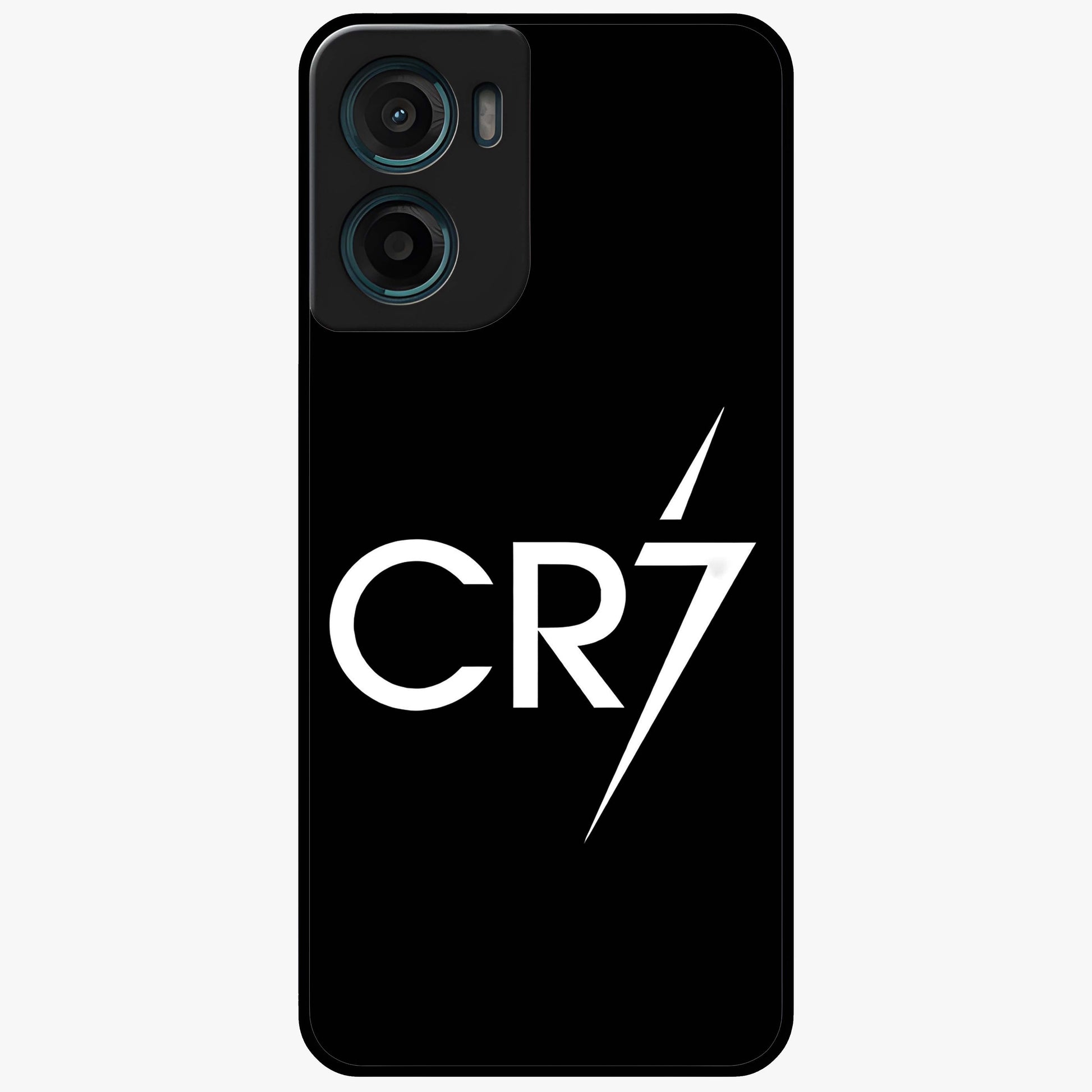 Cr7 Elite Strike Glass Case showing flat back view with dynamic football inspired artwork and glossy glass finish.