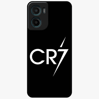 Cr7 Elite Strike Glass Case showing flat back view with dynamic football inspired artwork and glossy glass finish.