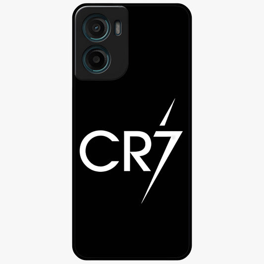 Cr7 Elite Strike Glass Case showing flat back view with dynamic football inspired artwork and glossy glass finish.