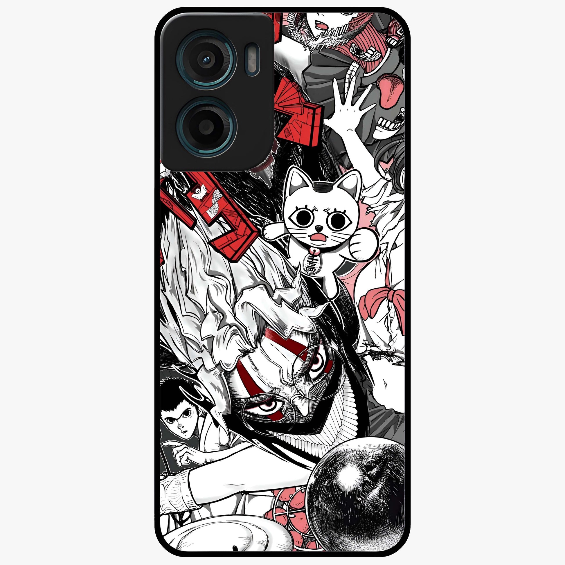 Crimson Chaos Panel Glass Case showing flat back view with bold crimson abstract artwork and glossy glass finish.