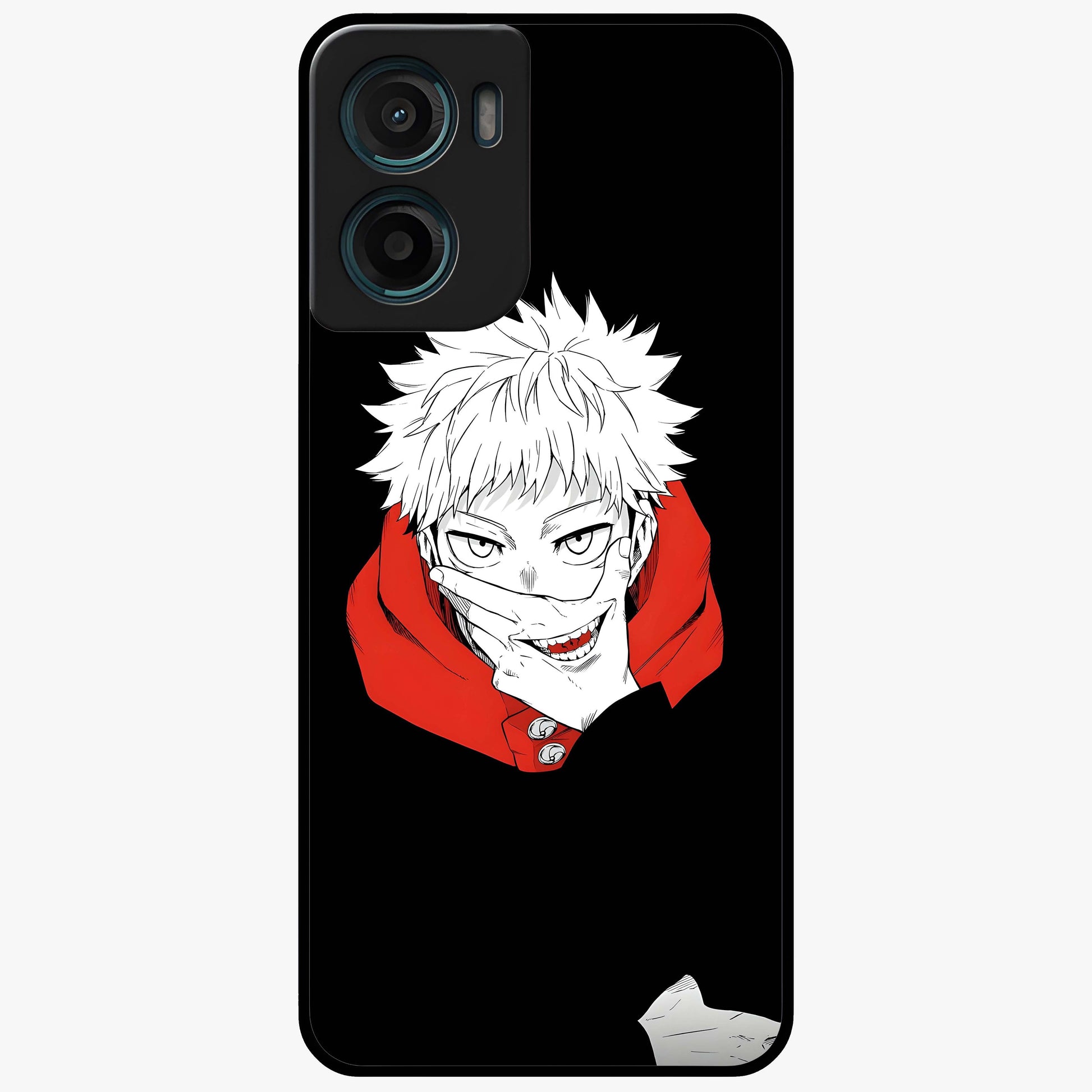 Crimson Chaos Smile Glass Case showing flat back view with bold chaotic smile artwork and glossy glass finish.