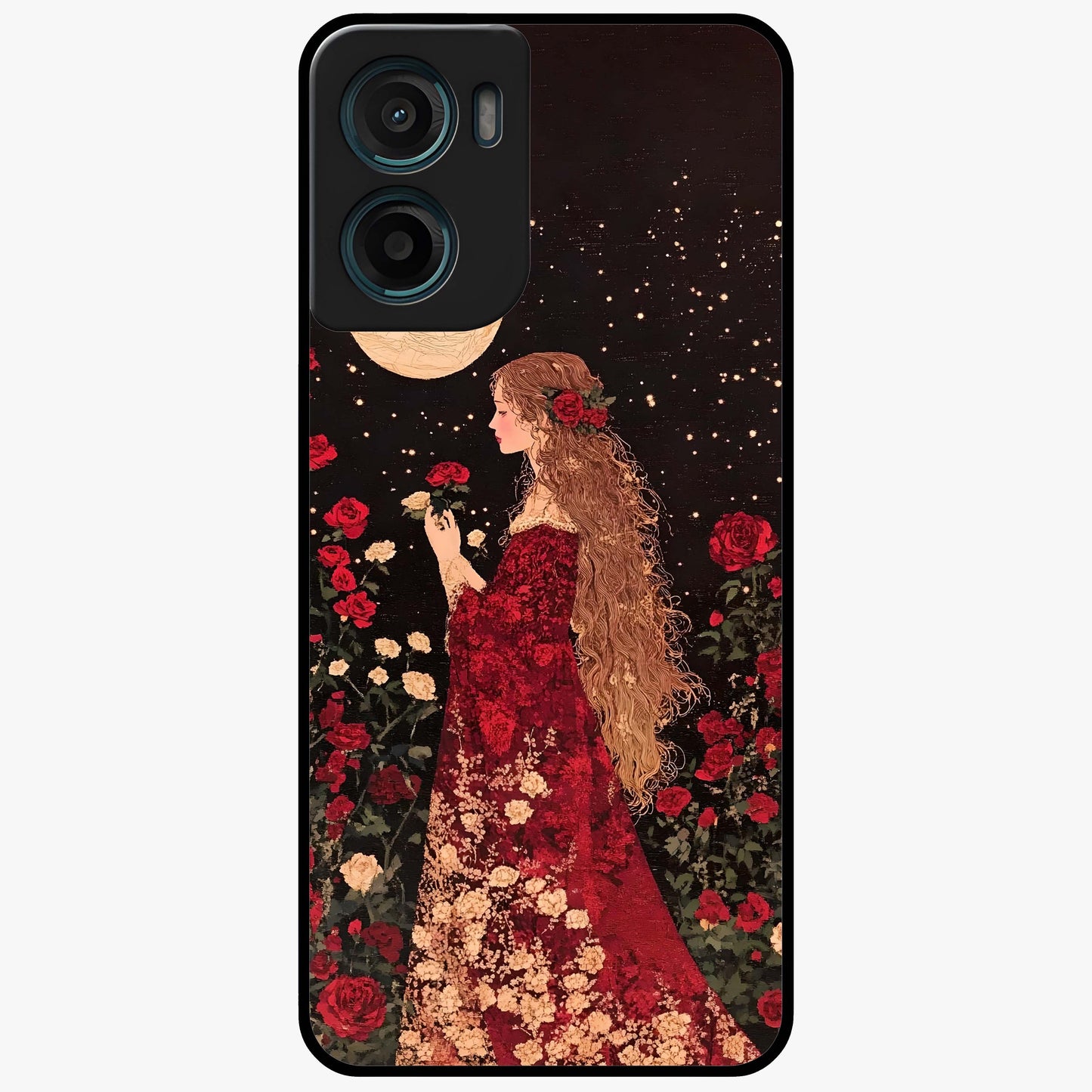 Crimson Dreams Glass Case showing flat back view with dreamy crimson artwork and glossy glass finish.