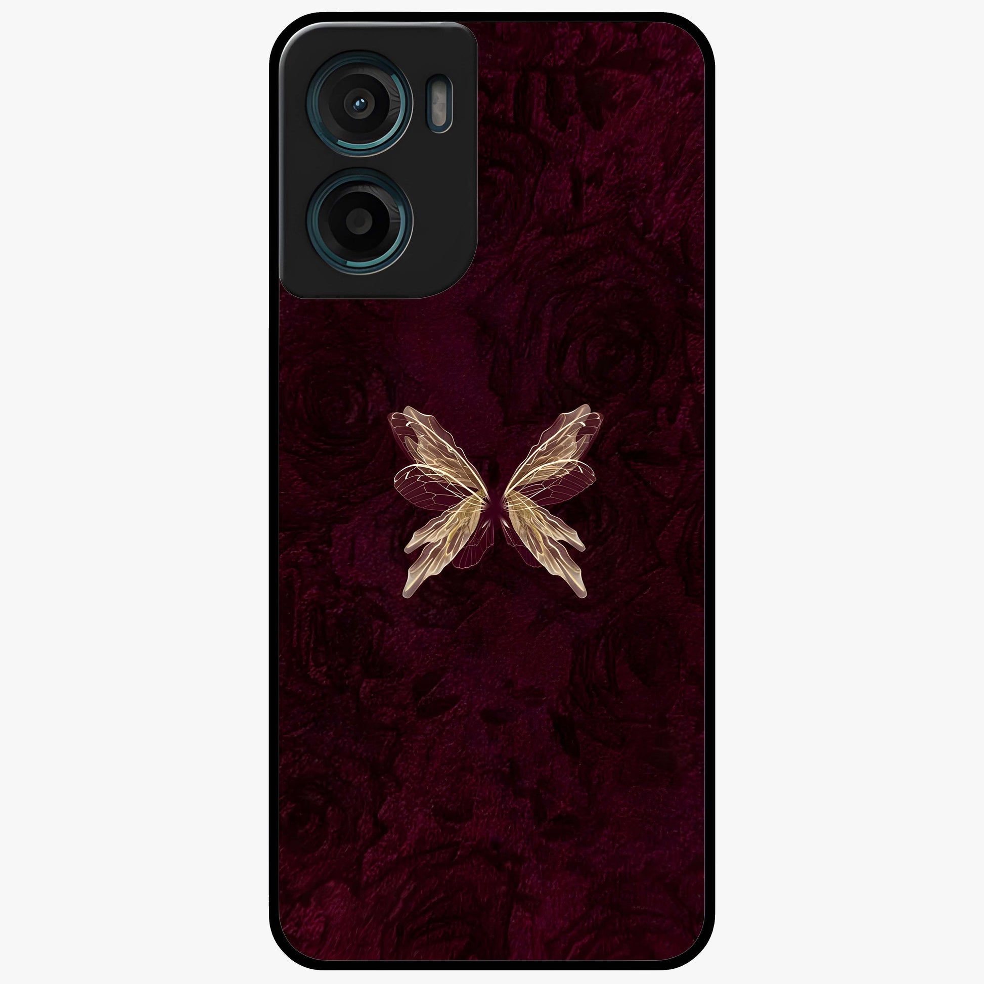 Crimson Fade Butterfly Glass Case showing flat back view with fading butterfly artwork and glossy glass finish.