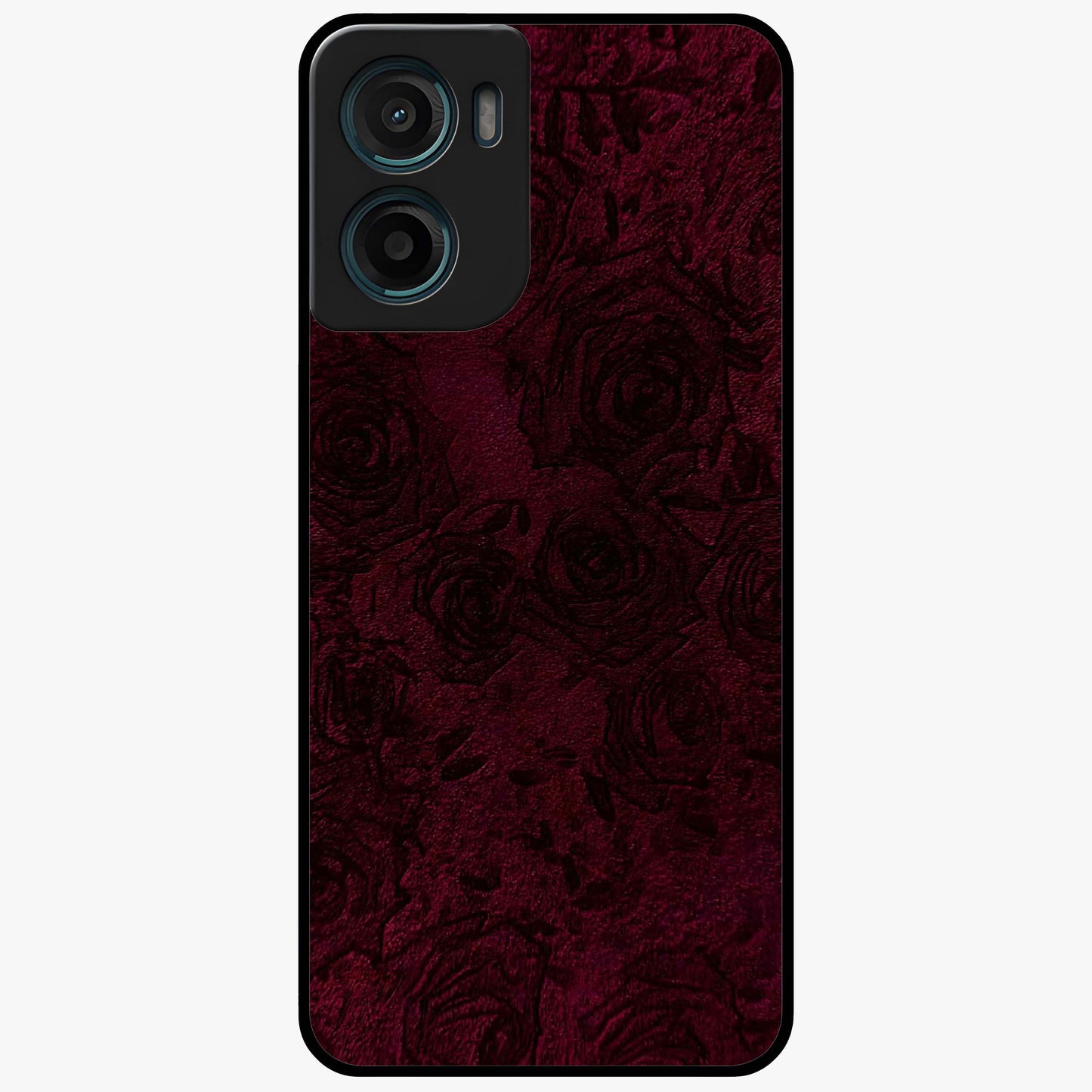 Crimson Fade Flow Glass Case showing flat back view with flowing crimson gradient artwork and glossy glass finish.