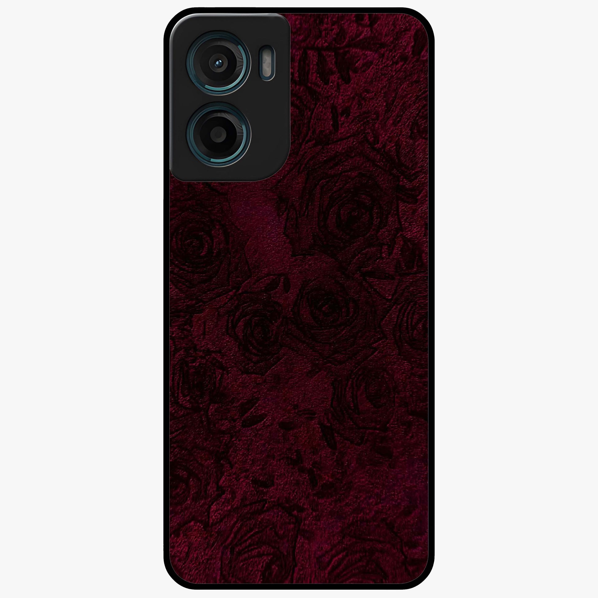 Crimson Fade Flow Glass Case showing flat back view with flowing crimson gradient artwork and glossy glass finish.