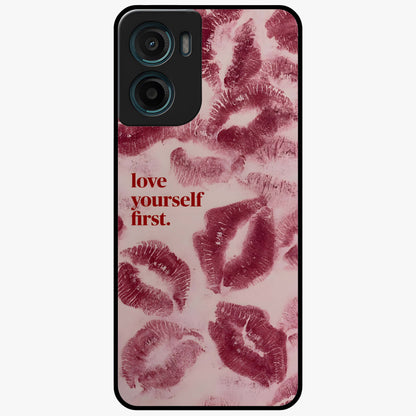 Crimson Kiss Love Glass Case showing flat back view with romantic crimson themed artwork and glossy glass finish.