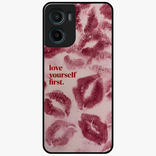 Crimson Kiss Love Glass Case showing flat back view with romantic crimson themed artwork and glossy glass finish.