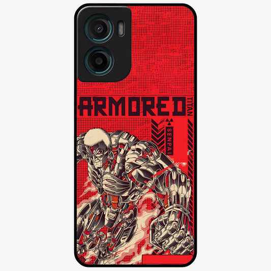 Crimson Mecha Titan Glass Case showing flat back view with powerful mech titan artwork and glossy glass finish.