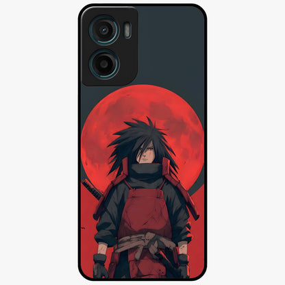 Crimson Moon Warlord Glass Case showing flat back view with mystical moon warrior artwork and glossy glass finish.