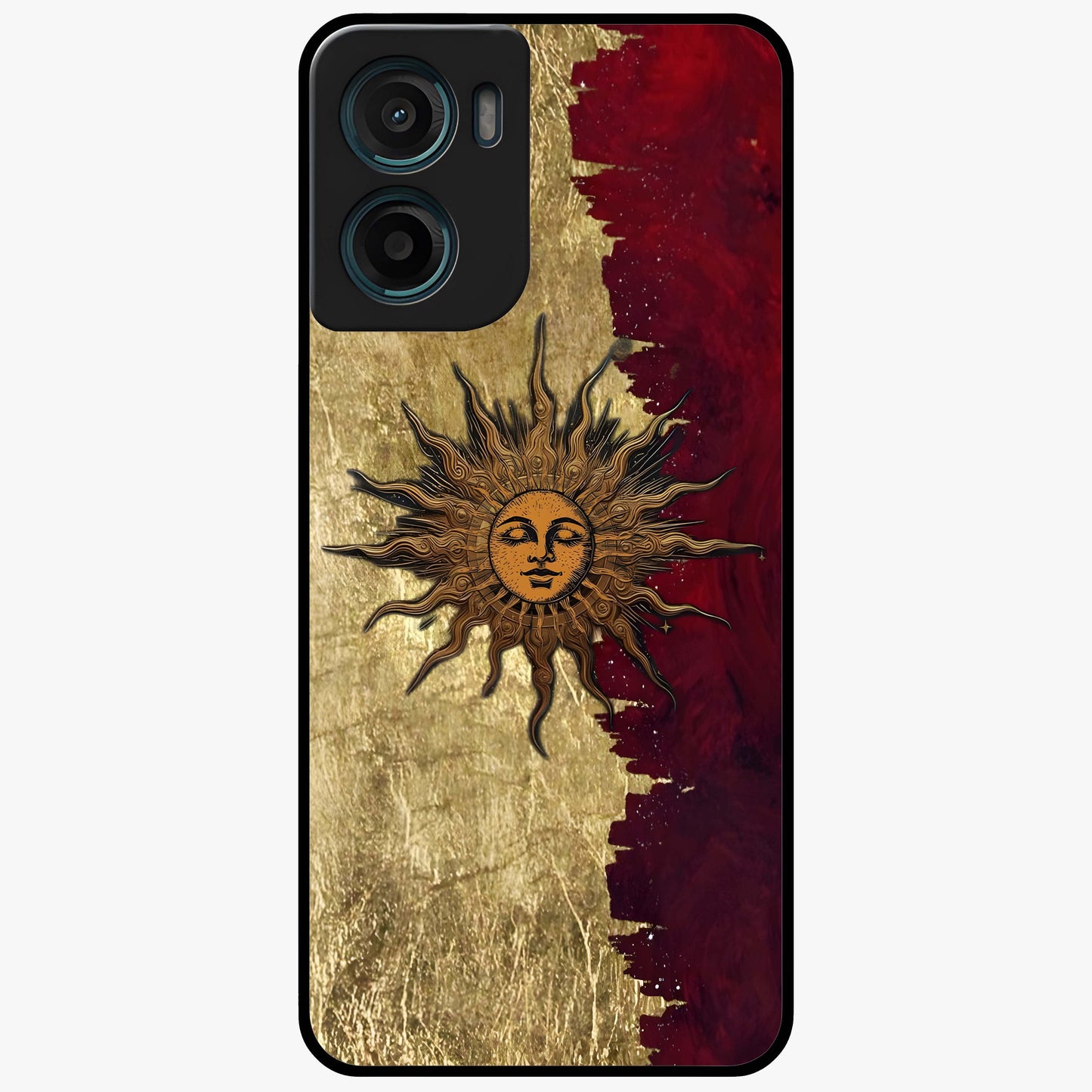 Crimson Sun Majesty Glass Case showing flat back view with radiant sun inspired artwork and glossy glass finish.