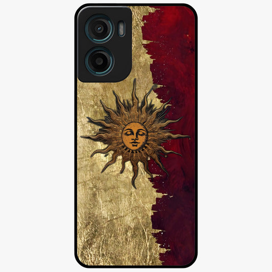 Crimson Sun Majesty Glass Case showing flat back view with radiant sun inspired artwork and glossy glass finish.