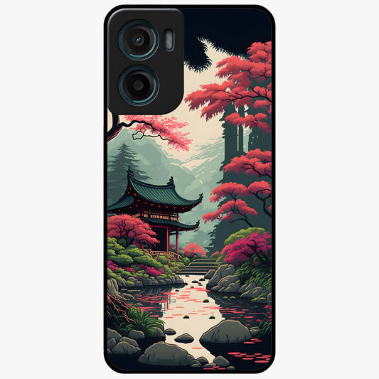 Crimson Temple View Glass Case showing flat back view with temple inspired artwork and glossy glass finish.
