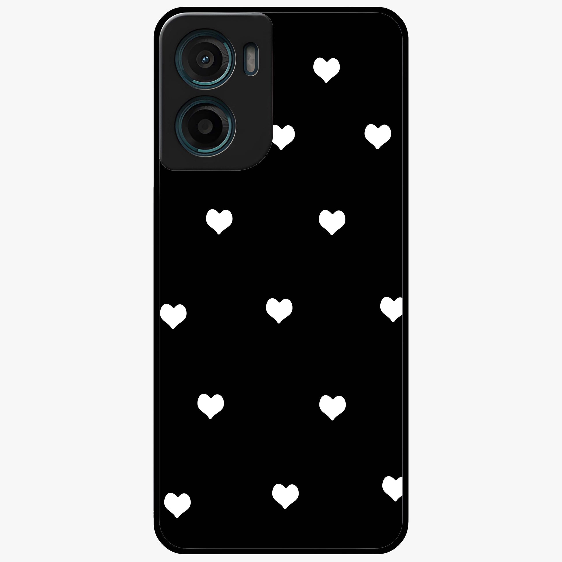 Cute And Simple White Hearts Glass Case showing flat back view with minimal white heart pattern and glossy glass finish.