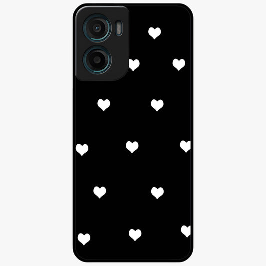 Cute And Simple White Hearts Glass Case showing flat back view with minimal white heart pattern and glossy glass finish.