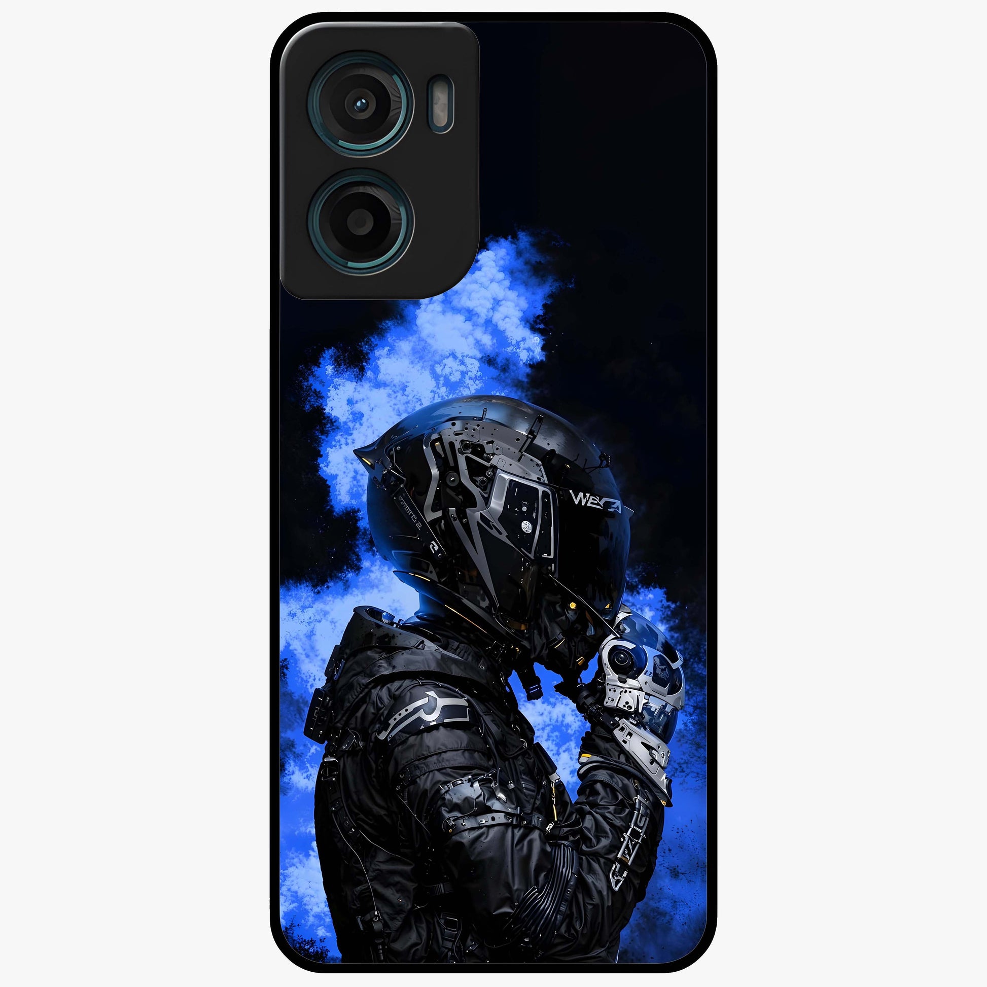 Cyber Sentinel Protocol Glass Case showing flat back view with futuristic cyber themed artwork and glossy glass finish.