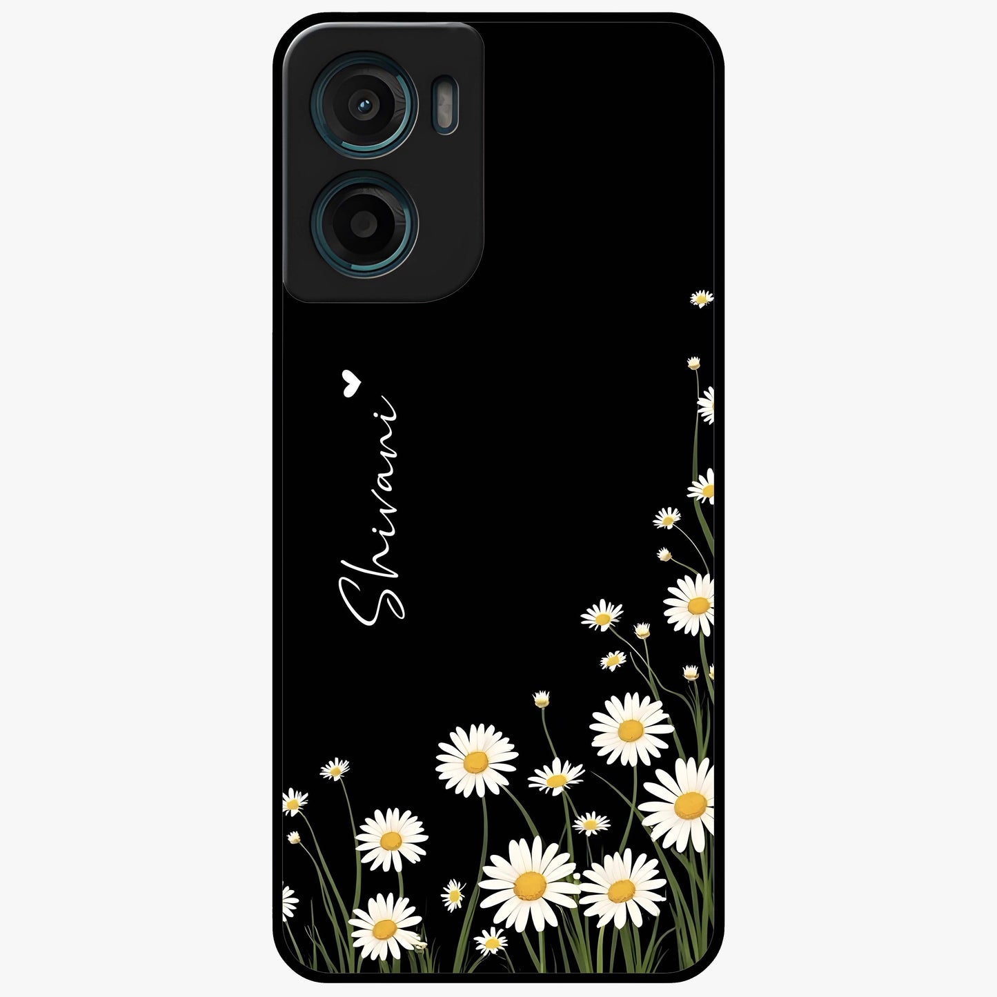Daisy Cascade Custom Name Glass Case showing flat back view with cascading daisy flowers and personalized name design.