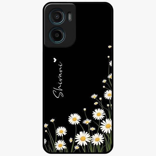 Daisy Cascade Custom Name Glass Case showing flat back view with cascading daisy flowers and personalized name design.