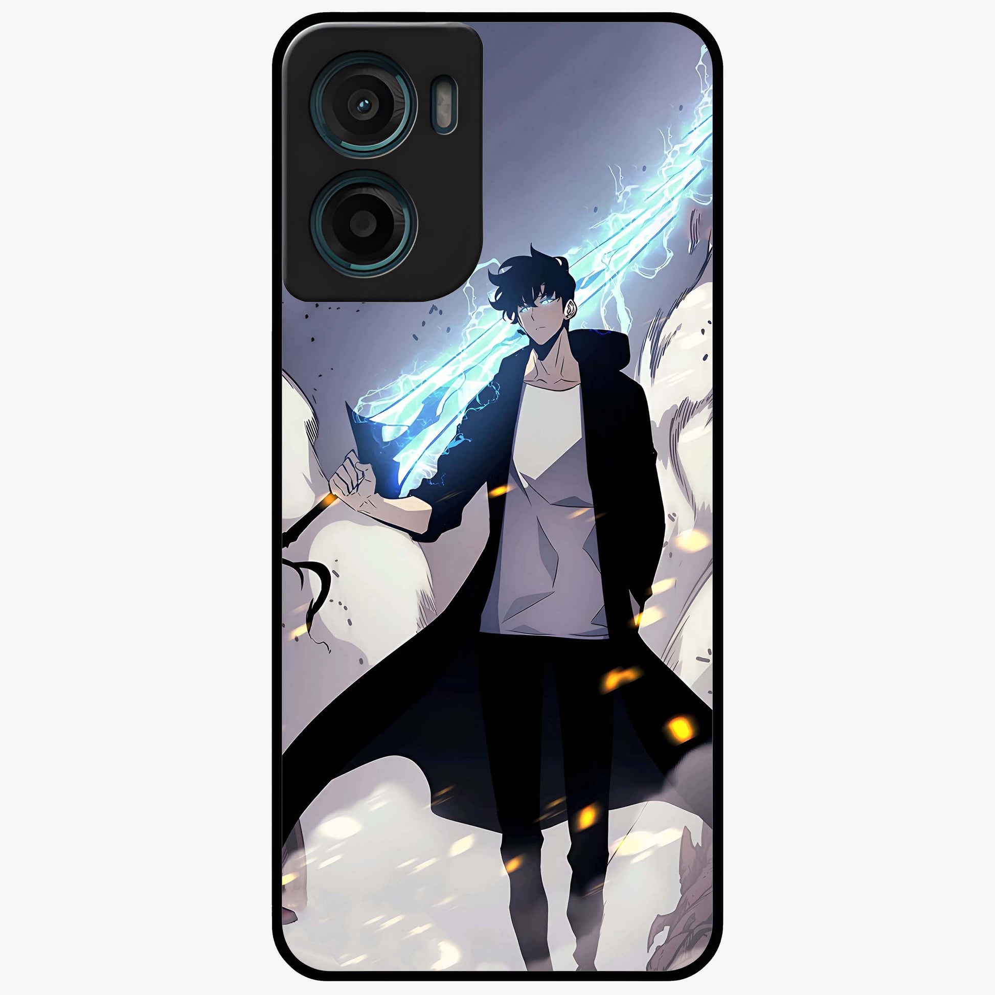 Dark Lightning Anime Warrior Glass Case showing flat back view with intense anime warrior artwork and glossy glass finish.