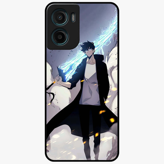 Dark Lightning Anime Warrior Glass Case showing flat back view with intense anime warrior artwork and glossy glass finish.