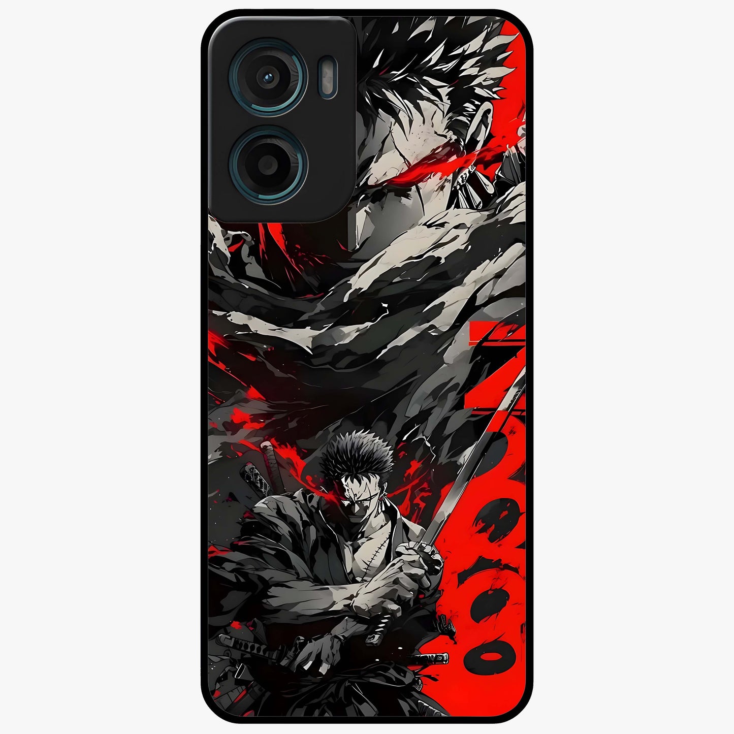 Demon Sword Resolve Glass Case showing flat back view with fierce sword warrior artwork and glossy glass finish.