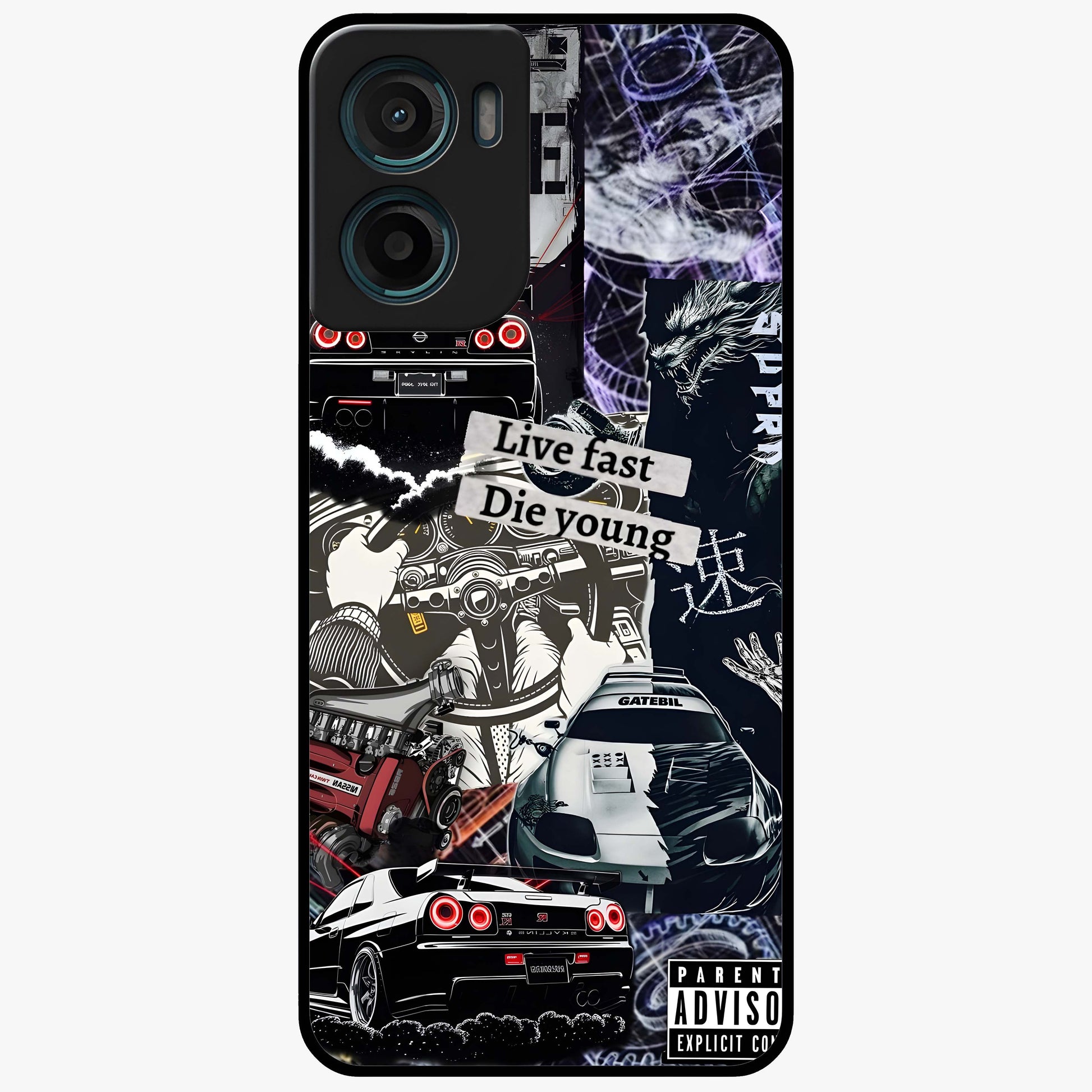 Die Young Glass Case showing flat back view with bold artistic typography design and glossy glass finish.