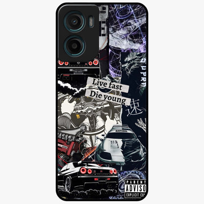 Die Young Glass Case showing flat back view with bold artistic typography design and glossy glass finish.