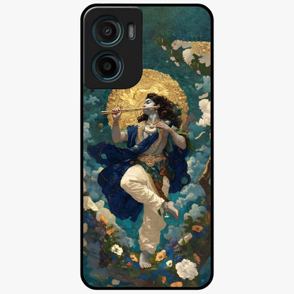 Divine Krishna Art Glass Case showing flat back view with Lord Krishna artwork and glossy glass finish.