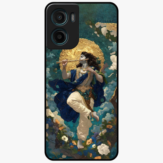 Divine Krishna Art Glass Case showing flat back view with Lord Krishna artwork and glossy glass finish.