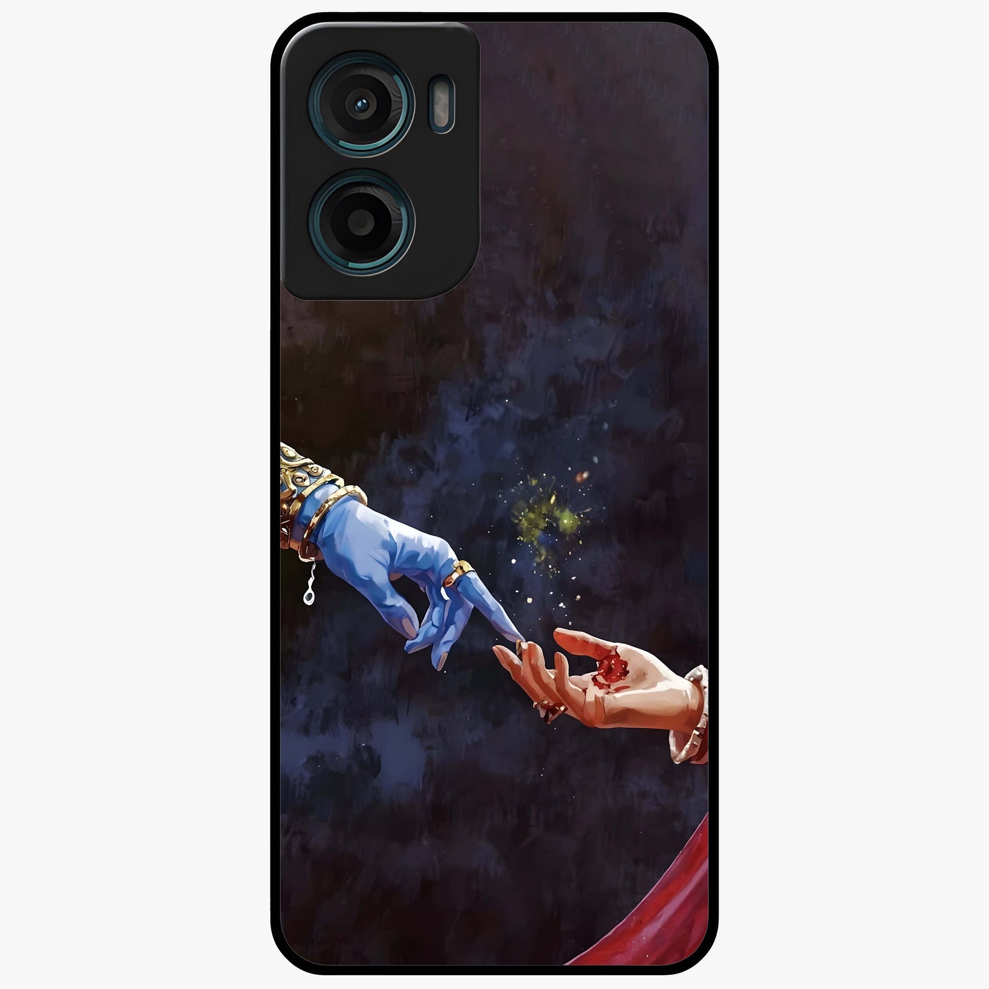 Divine Touch Eternal Glass Case showing flat back view with spiritual themed artwork and glossy glass finish.