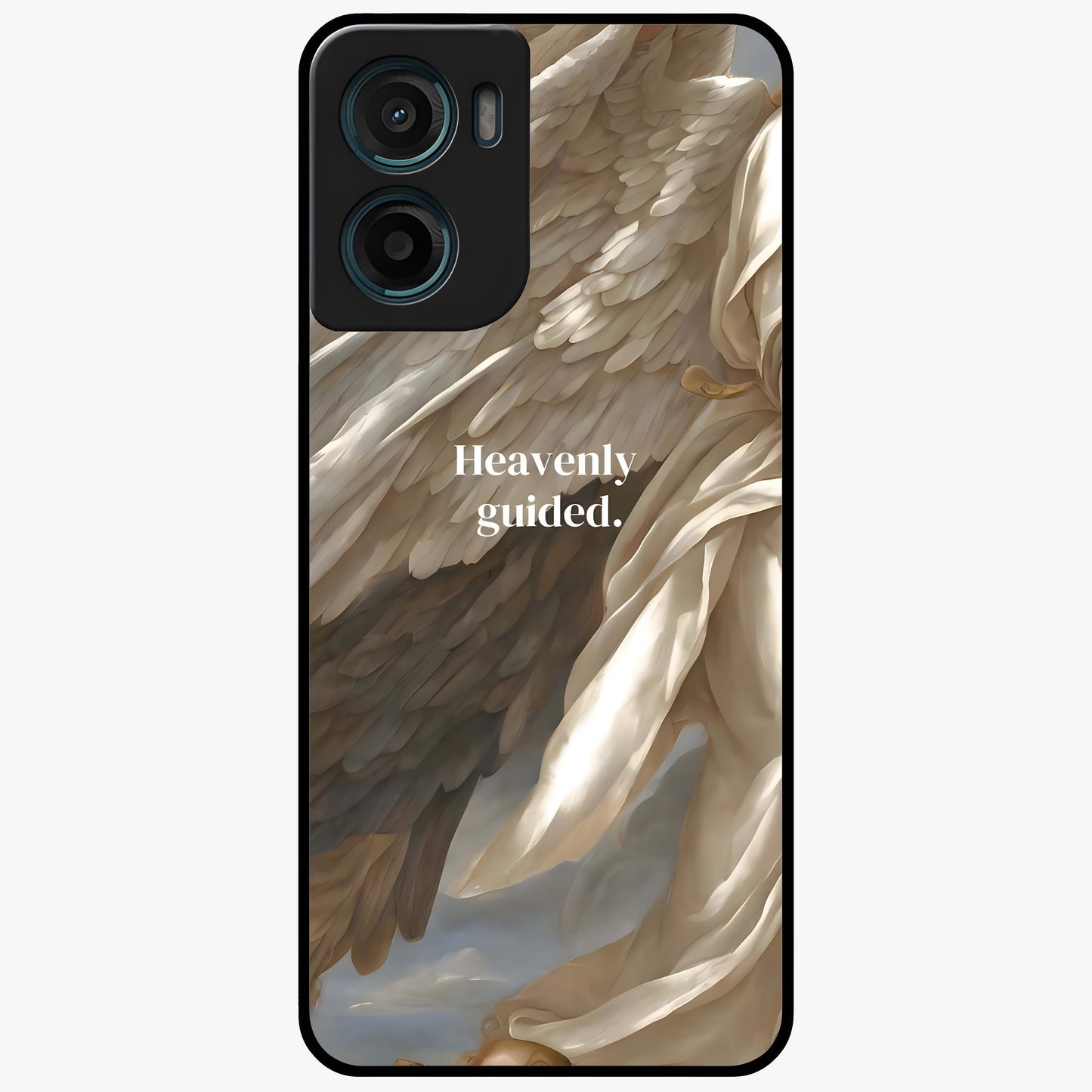 Divine Winged Grace Glass Case showing flat back view with elegant wing inspired artwork and glossy glass finish.
