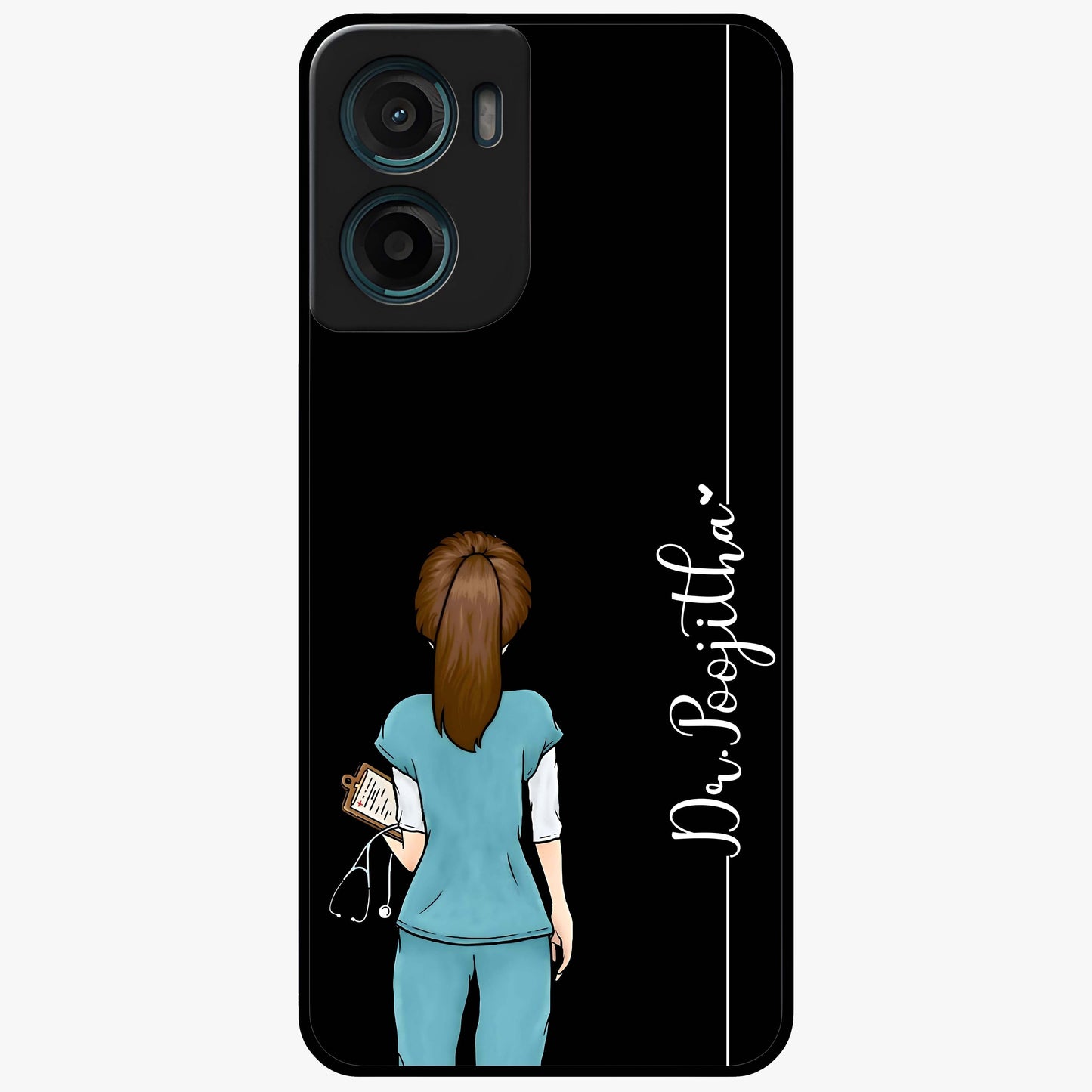 Doctor Pattern Custom Name Glass Case showing flat back view with medical themed pattern and personalized name design.