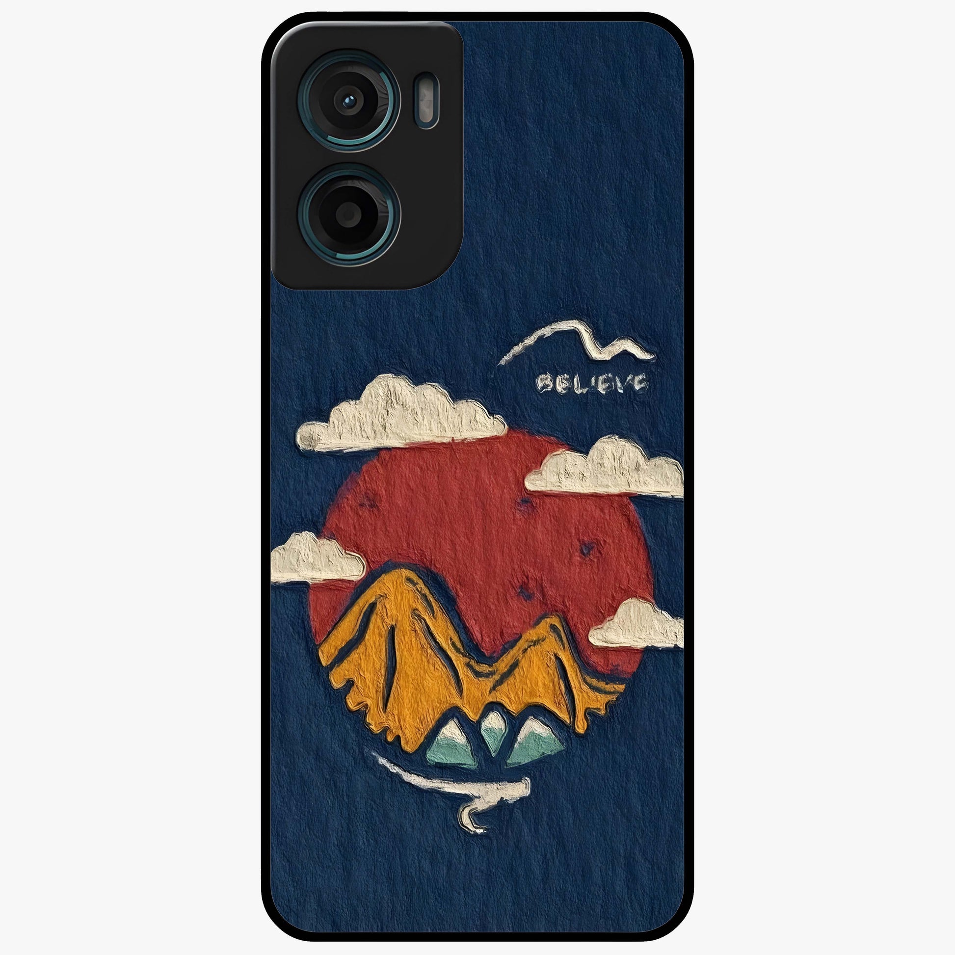 Dream Beyond Mountains Glass Case showing flat back view with scenic mountain landscape artwork and glossy glass finish.