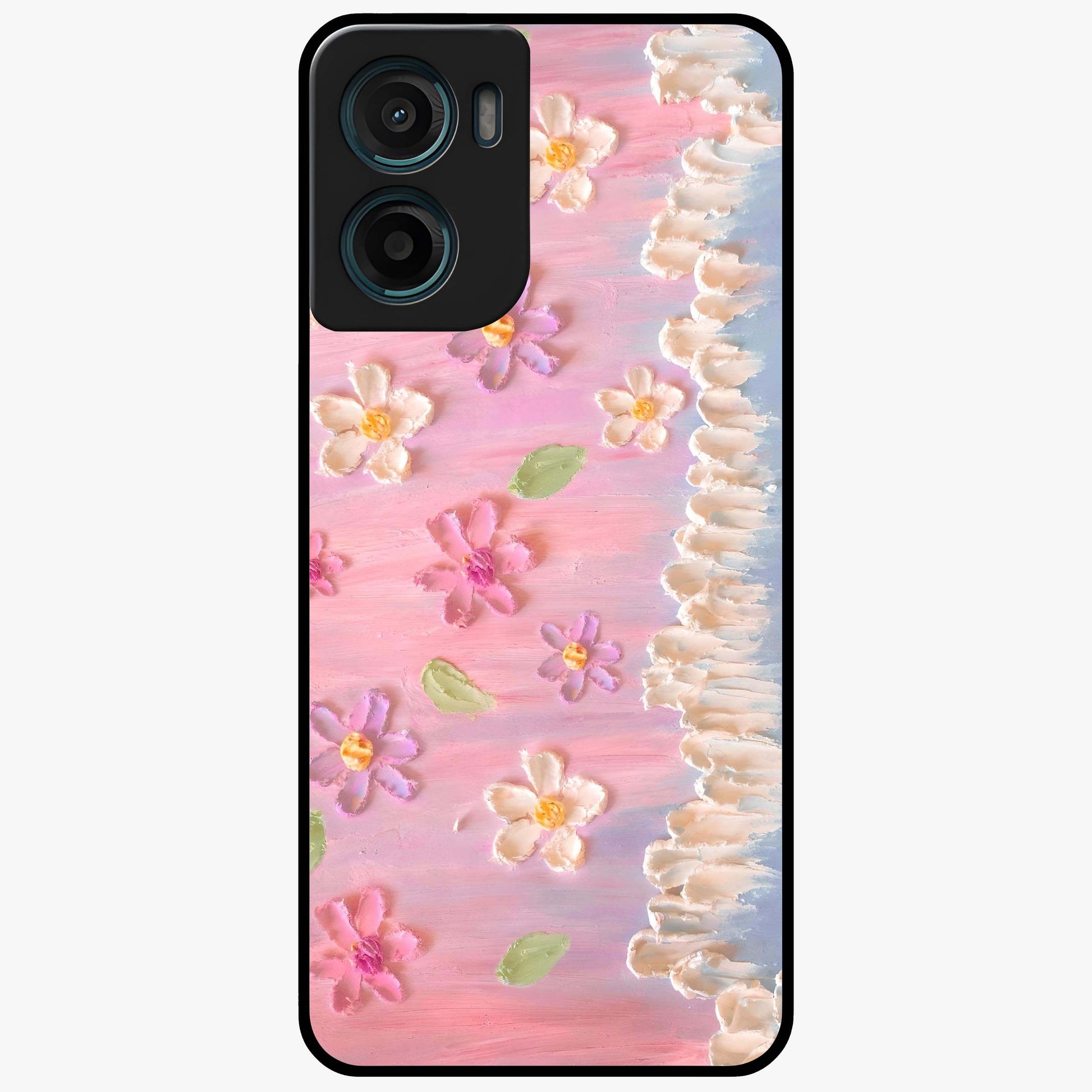 Dreamy Painted Garden Glass Case showing flat back view with artistic painted floral garden artwork and glossy glass finish.