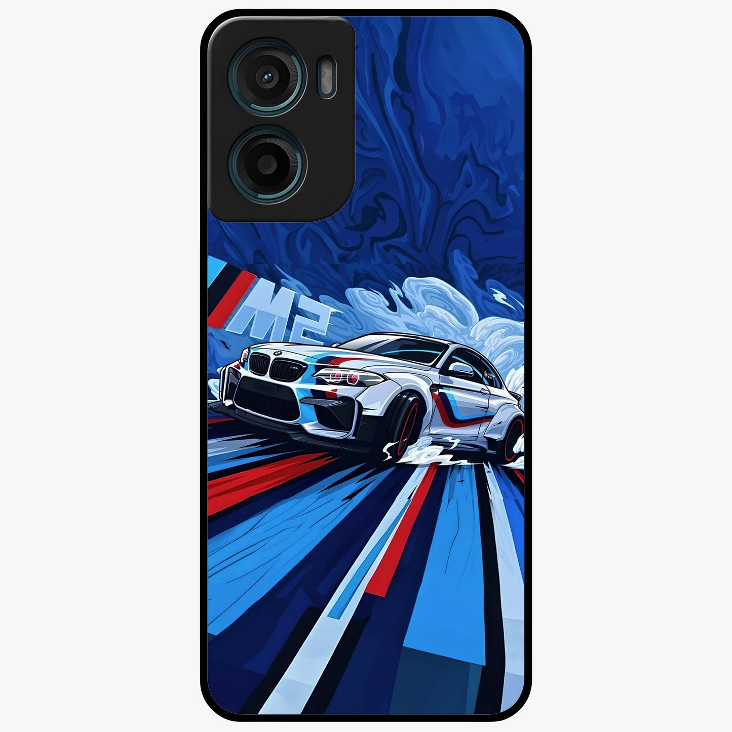 Drift Power Rush Glass Case showing flat back view with dynamic racing inspired artwork and glossy glass finish.
