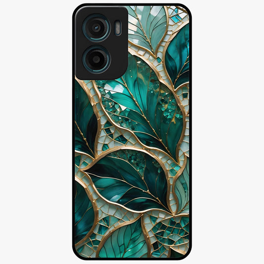 Emerald Leaf Glass Glass Case showing flat back view with emerald green leaf artwork and glossy glass finish.