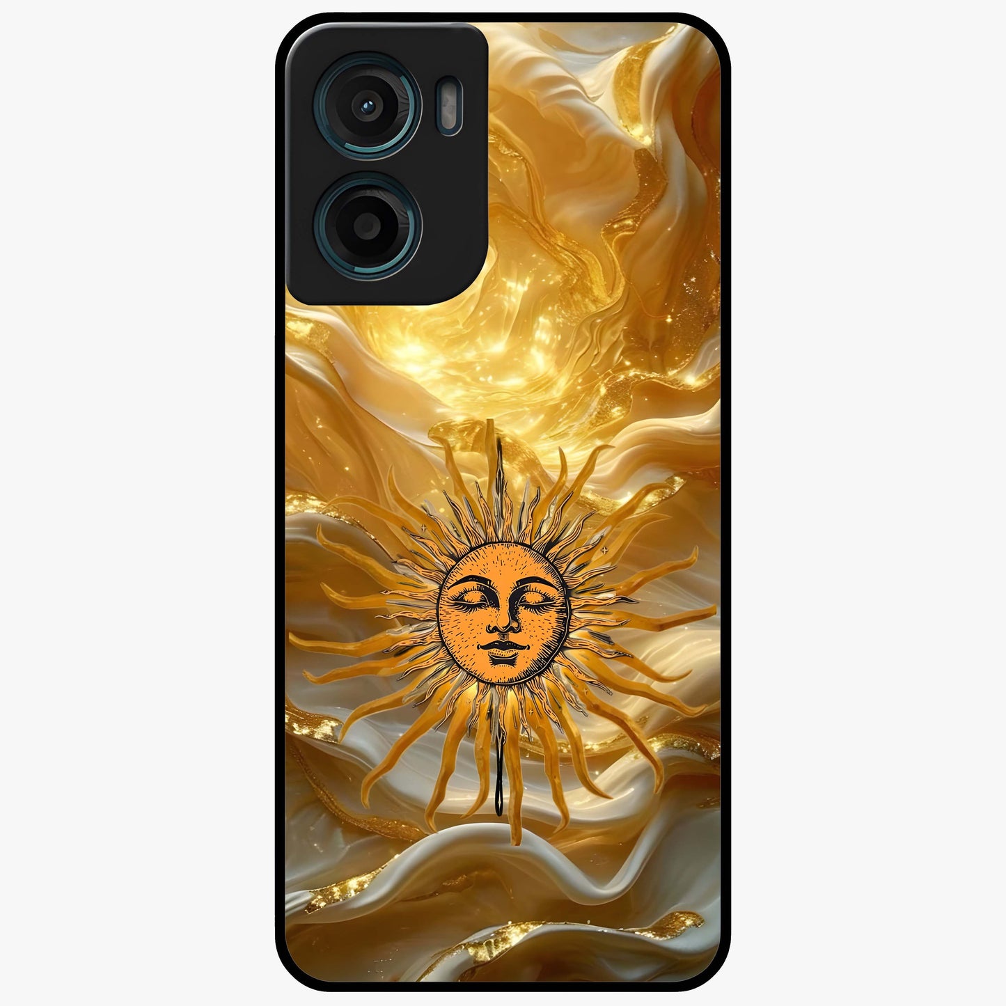 Eternal Golden Glow Glass Case showing flat back view with radiant golden themed artwork and glossy glass finish.