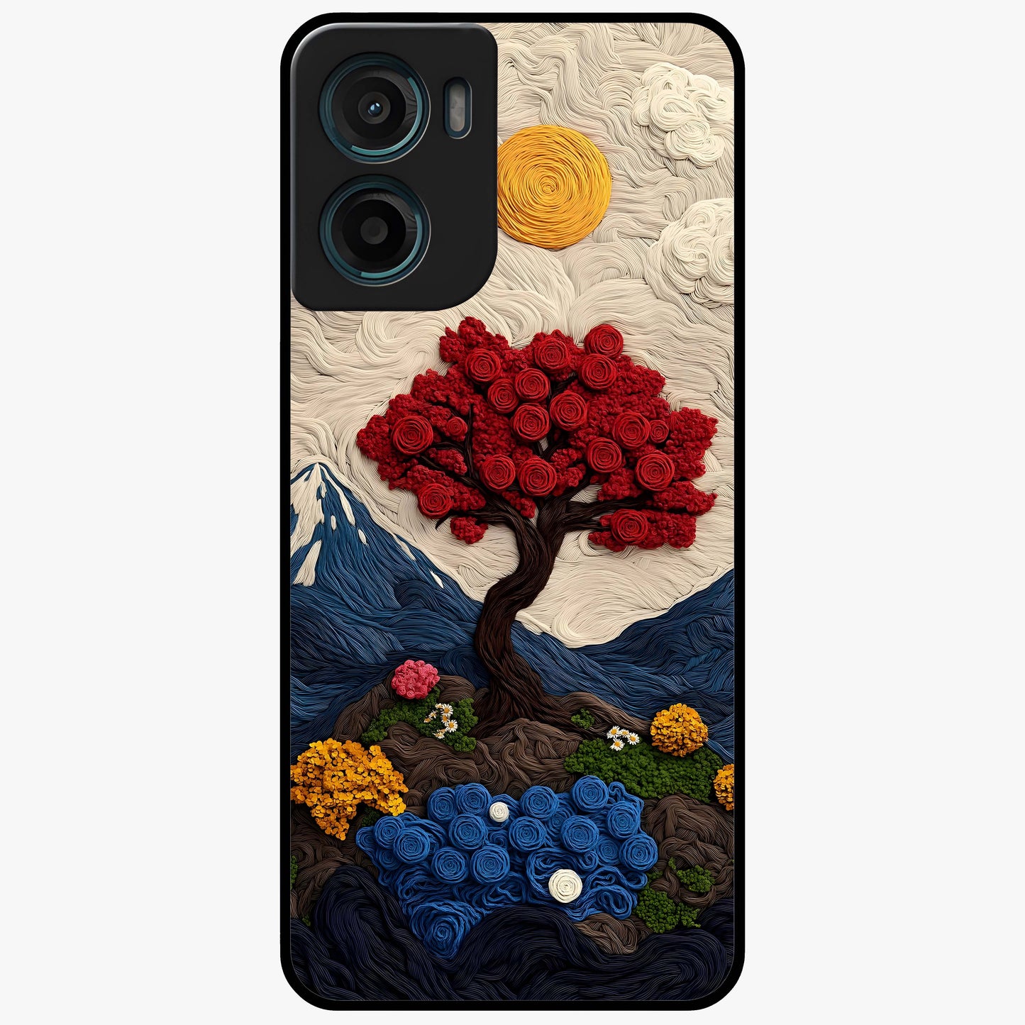 Eternal Nature Tapestry Glass Case showing flat back view with intricate nature tapestry artwork and glossy glass finish.