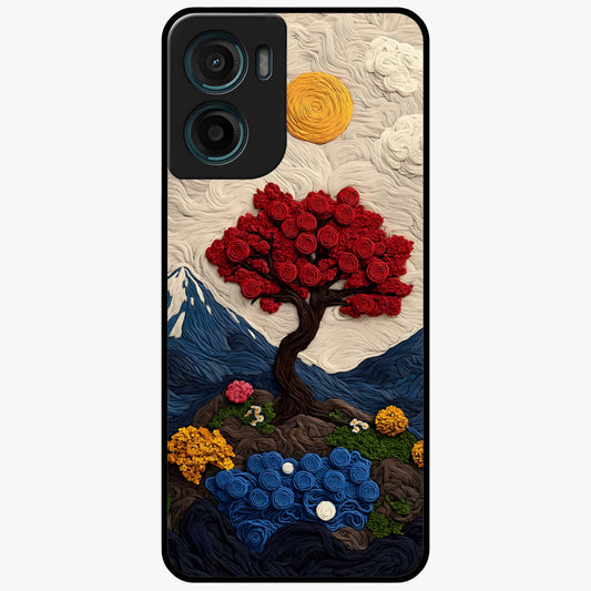 Eternal Nature Tapestry Glass Case showing flat back view with intricate nature tapestry artwork and glossy glass finish.