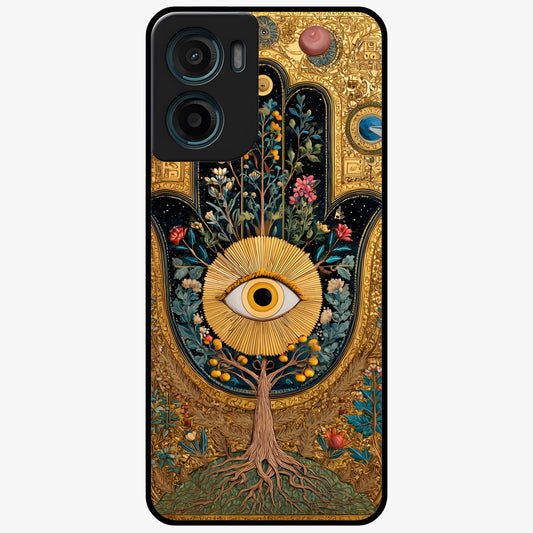 Ethereal Evil Eye Glass Case showing flat back view with mystical evil eye artwork and glossy glass finish.